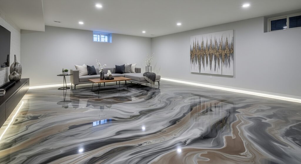 Residential Basements with Metallic Epoxy Resin Floors